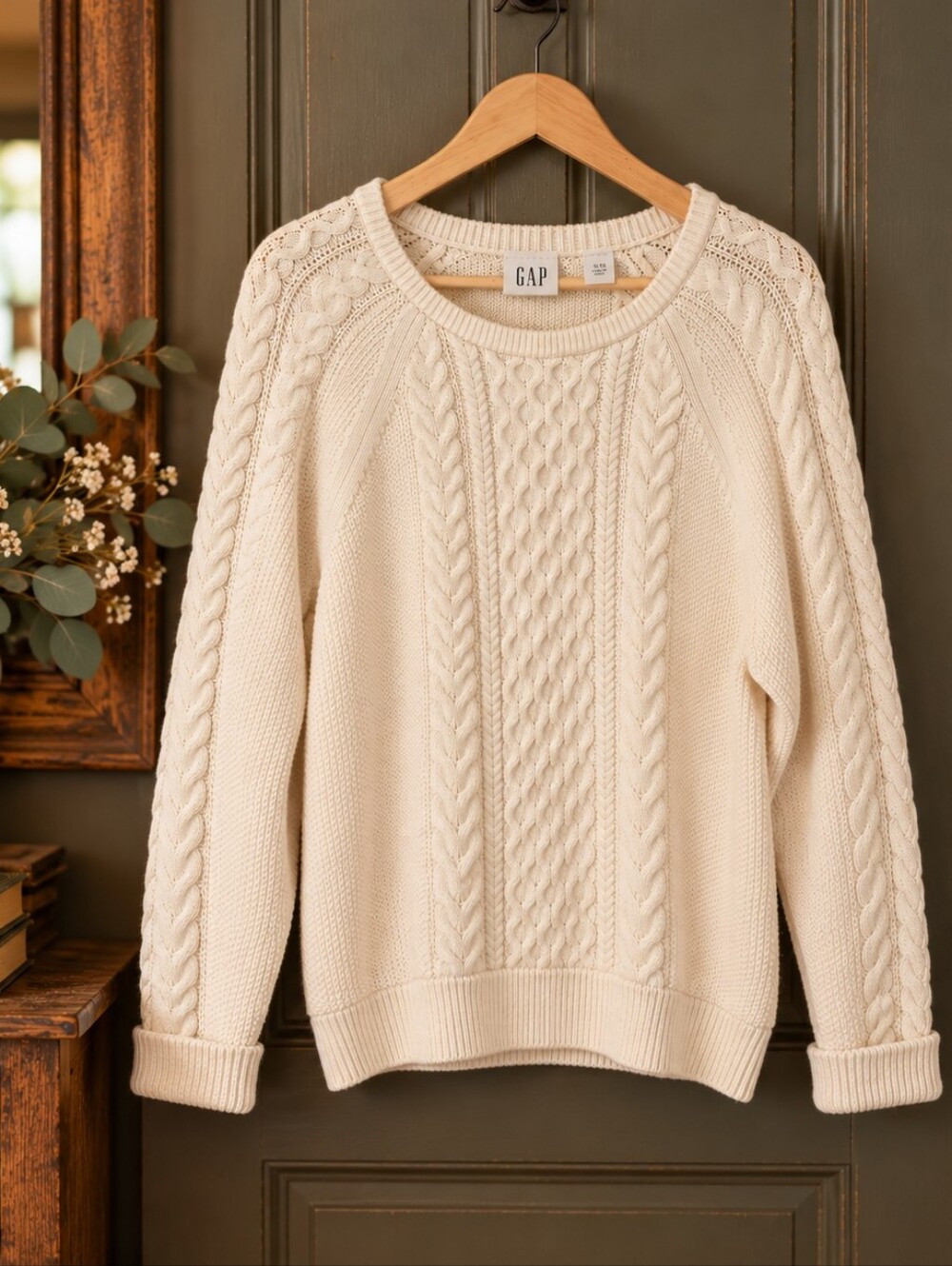 GAP Cable Knit Sweater XL Cream 100% Cotton Fisherman Coastal Classic